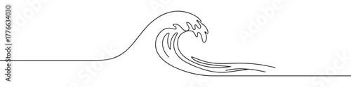 A continuous line art depiction of a powerful wave cresting, evoking the dynamics of the ocean and marine environments, isolated on a white background.	