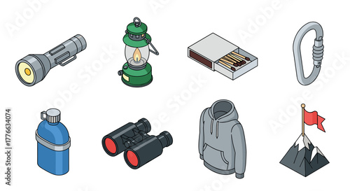 Essential hiking gear isometric icons of outdoor equipment and tools