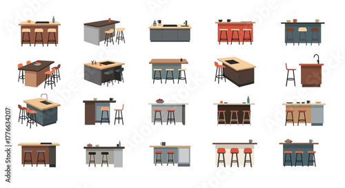 Collection of kitchen islands and bar stools with various accessories.