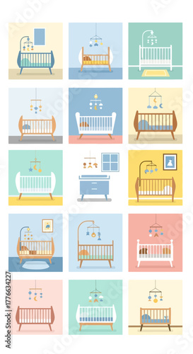 Collection of baby cribs with mobiles and bedding.