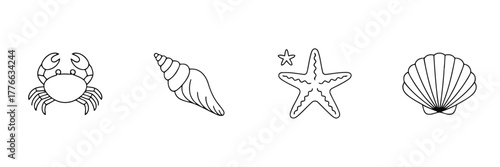 Collection of Hand- Drawn Outline Icons of Marine Life on White Background ocean crab