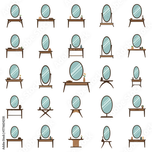 Various vanity tables with mirrors and decorative items.