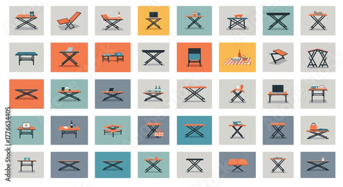 Collection of portable tables and chairs with various items.