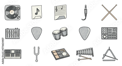 Handdrawn musical instrument icons featuring drums, guitar picks, and more