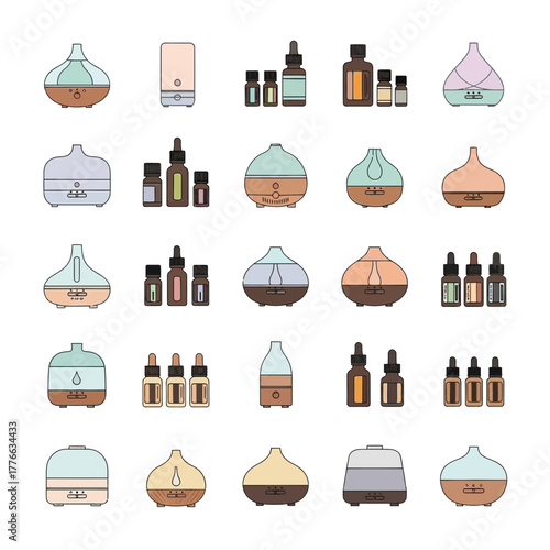 Various essential oil diffusers and bottles of oil.