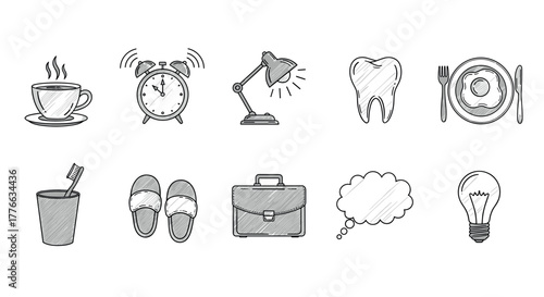 Hand drawn morning routine icons coffee, alarm, tooth care, breakfast, work essentials