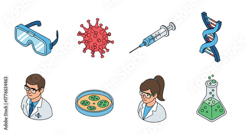 Isometric science icons of virus, dna, scientists, and lab equipment
