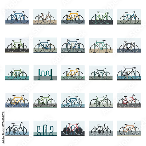 Collection of bicycles parked in racks, varying in color and style.