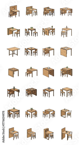 Various tables and chairs with decorative items and place settings.