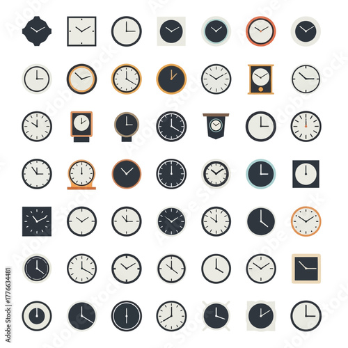 Collection of diverse clock icons showing various styles and time.