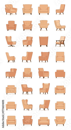 Collection of various armchair designs in different perspectives.