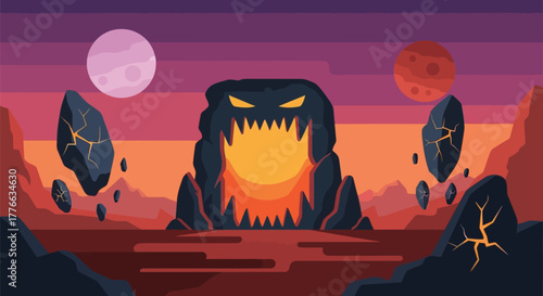 Lava planet landscape with monster gate and floating rock illustration