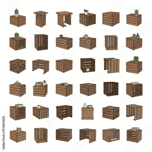 Wooden crates and tables with plants, books, and cups.