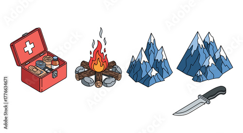 Outdoor adventure essentials first aid kit, campfire, mountain peaks, and knife for survival