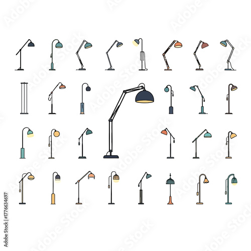 Collection of various floor lamps and desk lamps with different designs.