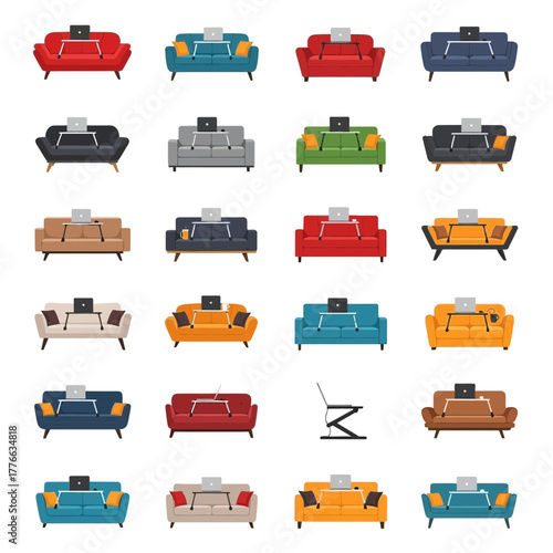 Sofas with laptops and lap desks in various colors.