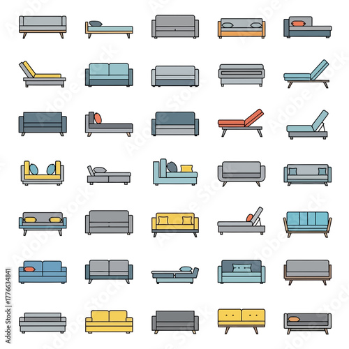 Collection of diverse sofa and chaise lounge illustrations.