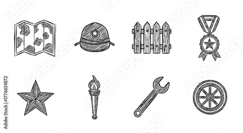 Hand drawn icon set map, helmet, fence, medal, star, torch, wrench, wheel
