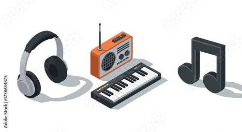 Isometric music icons featuring headphones, vintage radio, keyboard, and note