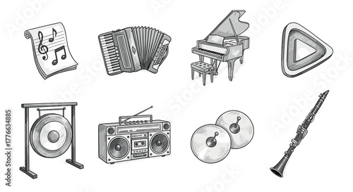 Handdrawn musical instruments collection piano, accordion, and more in sketch style