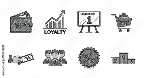 Sketched business icons vip wallet, growth chart, leadership, shopping trolley, team, discount, podium