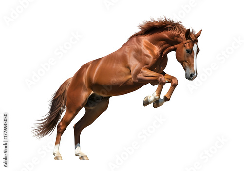 A horse captured in mid-air, leaping and reaching, isolated on white or transparent background. PNG