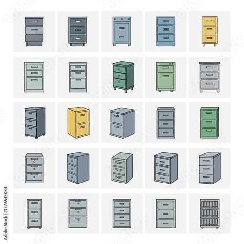 Collection of diverse filing cabinets and drawers with various colors and configurations.