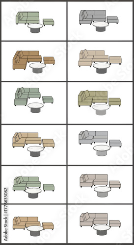 Sectional sofas and ottomans with round coffee tables in various colors.