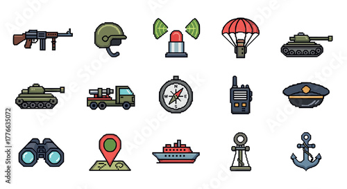 Pixel art military icons set weapons, vehicles, compass, anchor, and helmet