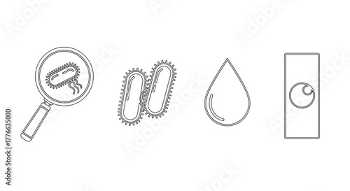 Microbiology outline icons bacteria, virus, drop, petri dish
