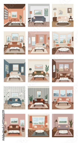 Various living rooms with sofas, coffee tables, lamps, and artwork.