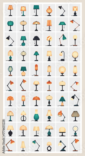 Collection of diverse table lamps in various styles and colors.