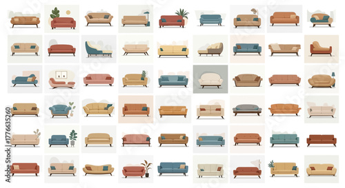 Collection of diverse sofas and armchairs in various styles and colors.