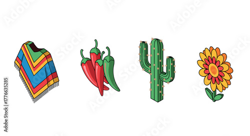 Colorful mexican symbols including poncho, peppers, cactus, and flower