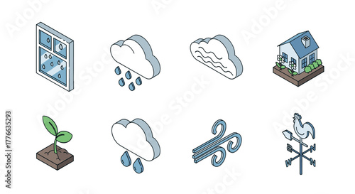Isometric weather and nature icons set including wind, rain, and cloud symbols
