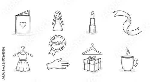 Sketch style icons of gifts, fashion, and accessories for special occasions