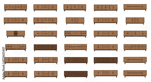 Collection of wooden cabinets with drawers and doors.