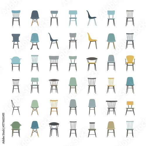 Collection of diverse chairs in various colors and styles.