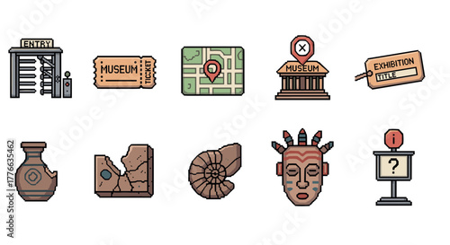 Pixel art museum icons tickets, artifacts, maps, and exhibits