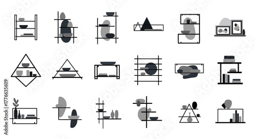 Collection of abstract shelves with decorative objects and books.