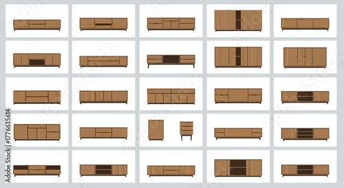 Various brown wooden cabinets and drawers displayed in a grid.