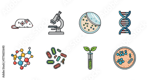 Science icons set featuring laboratory equipment and biological elements in modern flat style