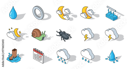 Isometric weather and nature icons with snail and beetle elements