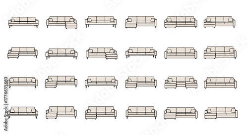 Collection of line art illustrations of various sofa designs and configurations.