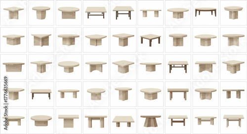Collection of various stone tables with different shapes and bases.