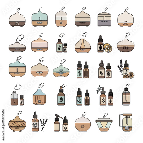 Collection of diffusers and essential oil bottles with botanical elements.