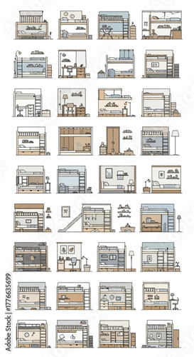 Various bunk beds and bedroom setups with desks and storage.