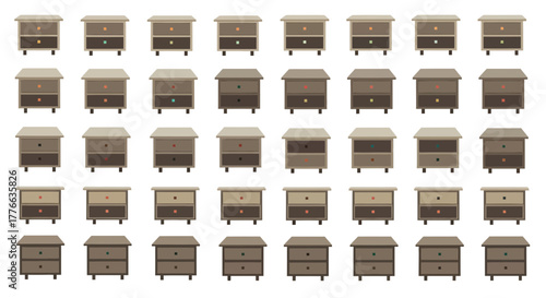 Collection of bedside tables with varying drawer colors.