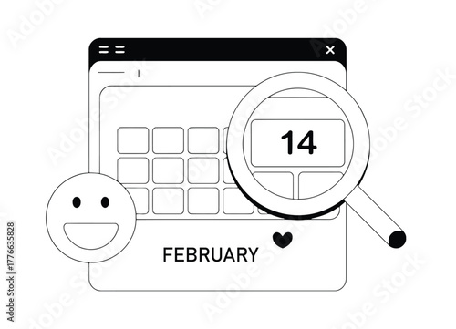February 14th Calendar Page with Magnifying Glass and Smiley Face Icon date