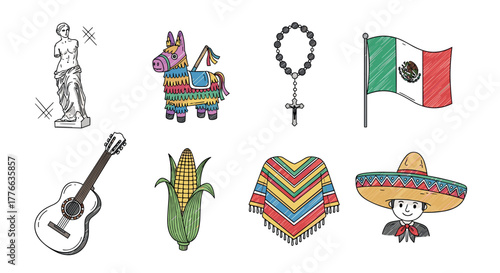 Colorful handdrawn mexican icons sombrero, piñata, guitar, and more
